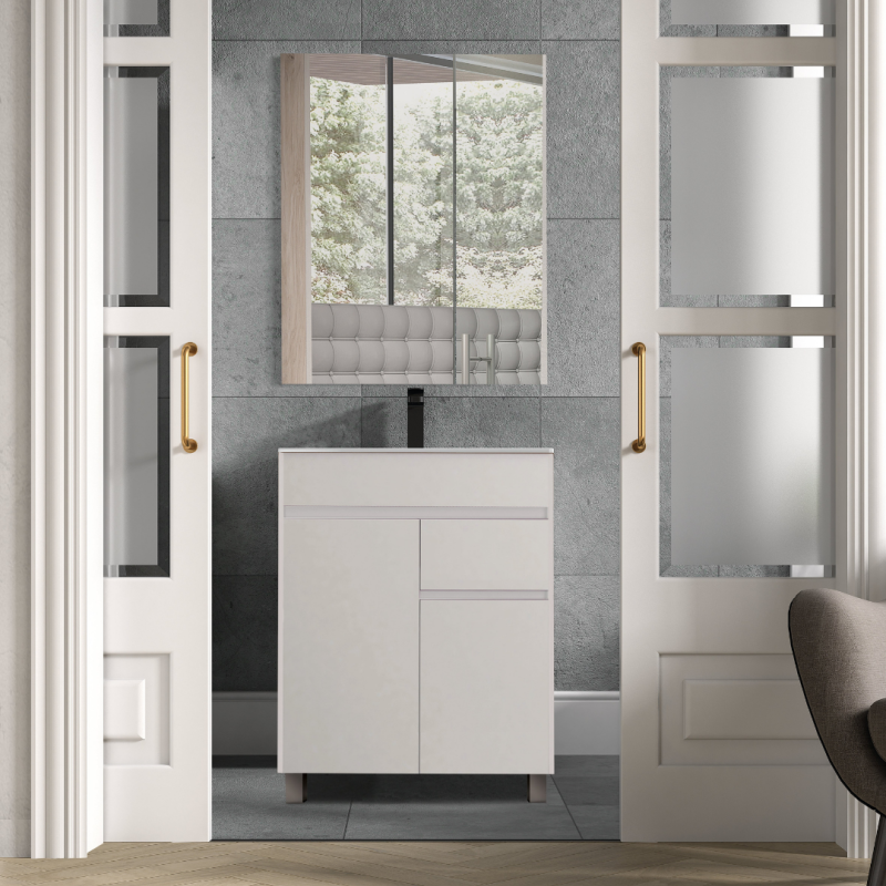 Mueble de baño en conjunto Praga, dos colores disponibles incluye encimera de porcelana y espejo