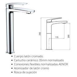 Monomando para  lavabo de caño alto 242mm Malibú, cuerpo en latón cromo, cartucho cerámico de 35mm
