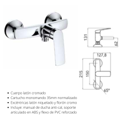 Monomando para ducha Malibú. Incluye soporte articulado y flexo reforzado de PVC