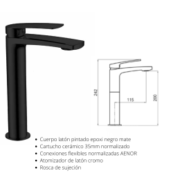 Monomando para  lavabo de caño alto 242mm Malibú, cuerpo en latón NEGRO, cartucho cerámico de 35mm