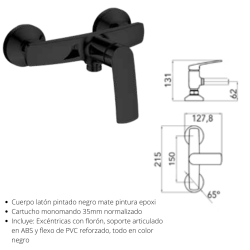 Monomando para ducha NEGRO Malibú. Incluye soporte articulado y flexo reforzado de PVC