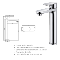 Grifería para lavabo de caño alto 218mm Paris, acabado cromo con cartucho cerámico 35mm