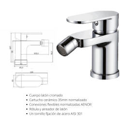 Grfería monomando para bidé acabado cromo modelo Paris, con cartucho cerámico de 35mm