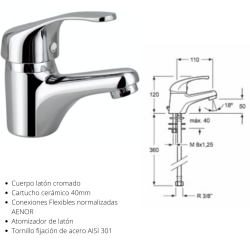 Grifería monomando para lavabo cromo modelo Cadiz, cartucho cerámico 40mm