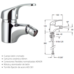 Grferá monomando para bidé cromado Cadiz, cartucho cerámico 40mm